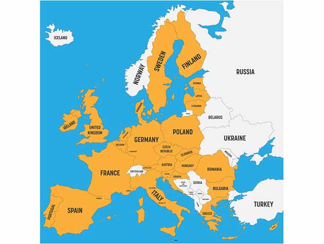 Karta över EU-staterna. Ett exportföljedokument får endast upprättas när det skickas till ett grått land.